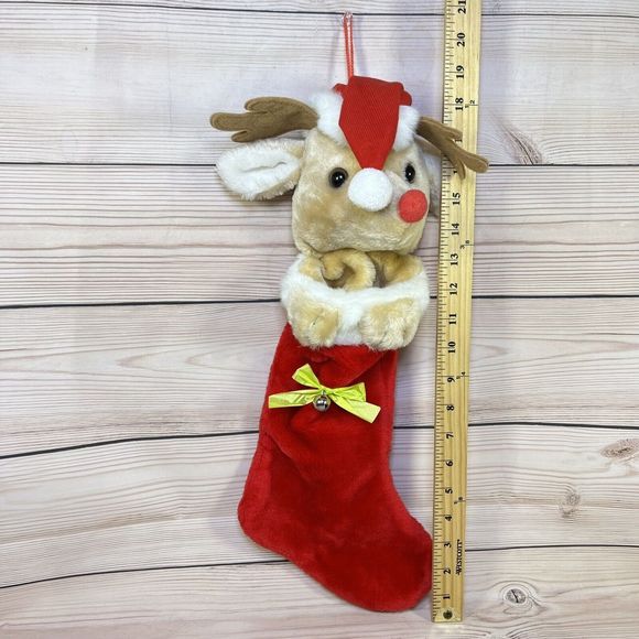 VTG Christmas Stocking 19” Rudolph Red-Nosed Reindeer Head Plush Santa Hat Bell - Picture 2 of 12